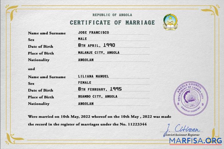 Downloadable Angola marriage certificate PSD template